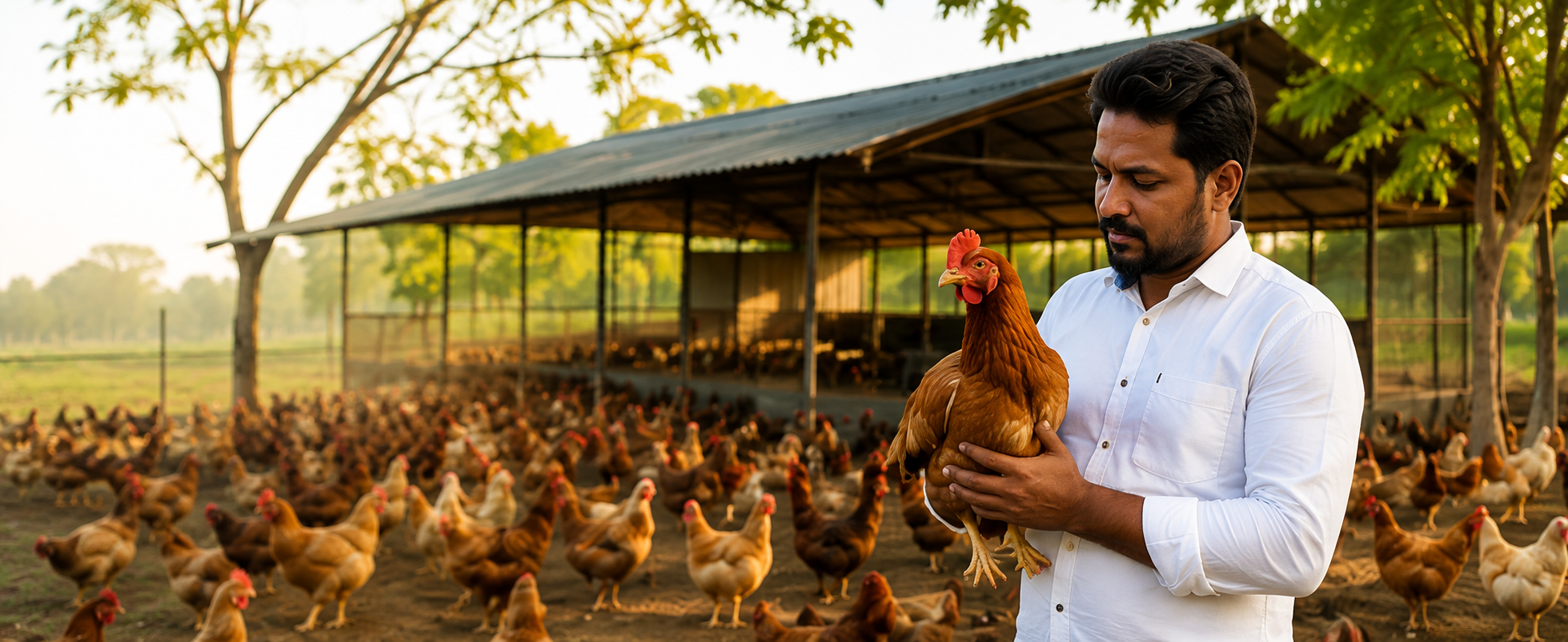Umesh Patil holding a Gavran hen at DWIT Farm with poultry shed in the background