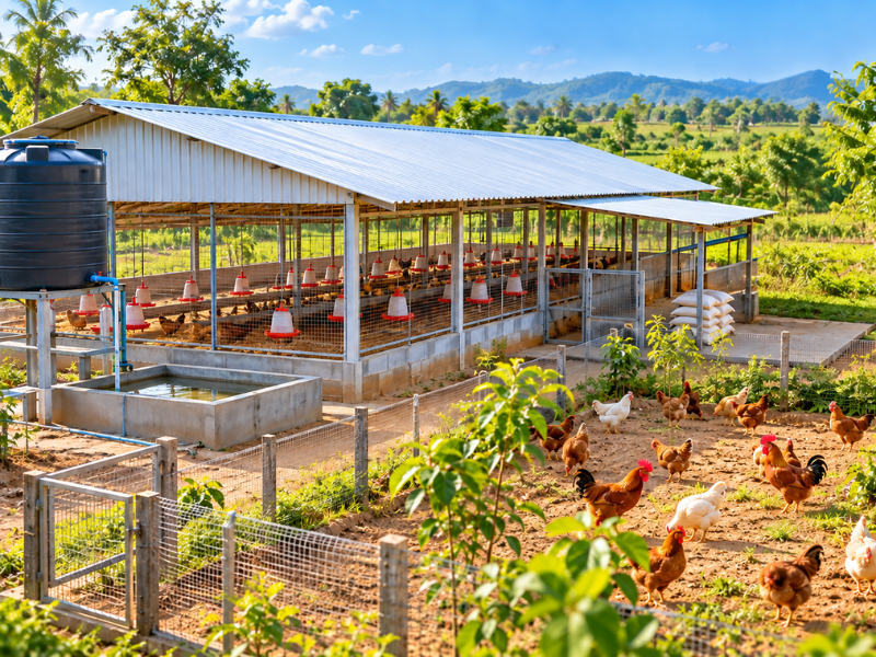Poultry farm setup with a shed, feeders, water tank and outdoor hens