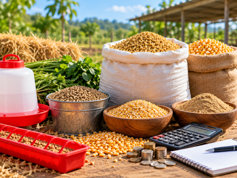 Poultry feed, grains, feeders and a calculator for feed cost planning