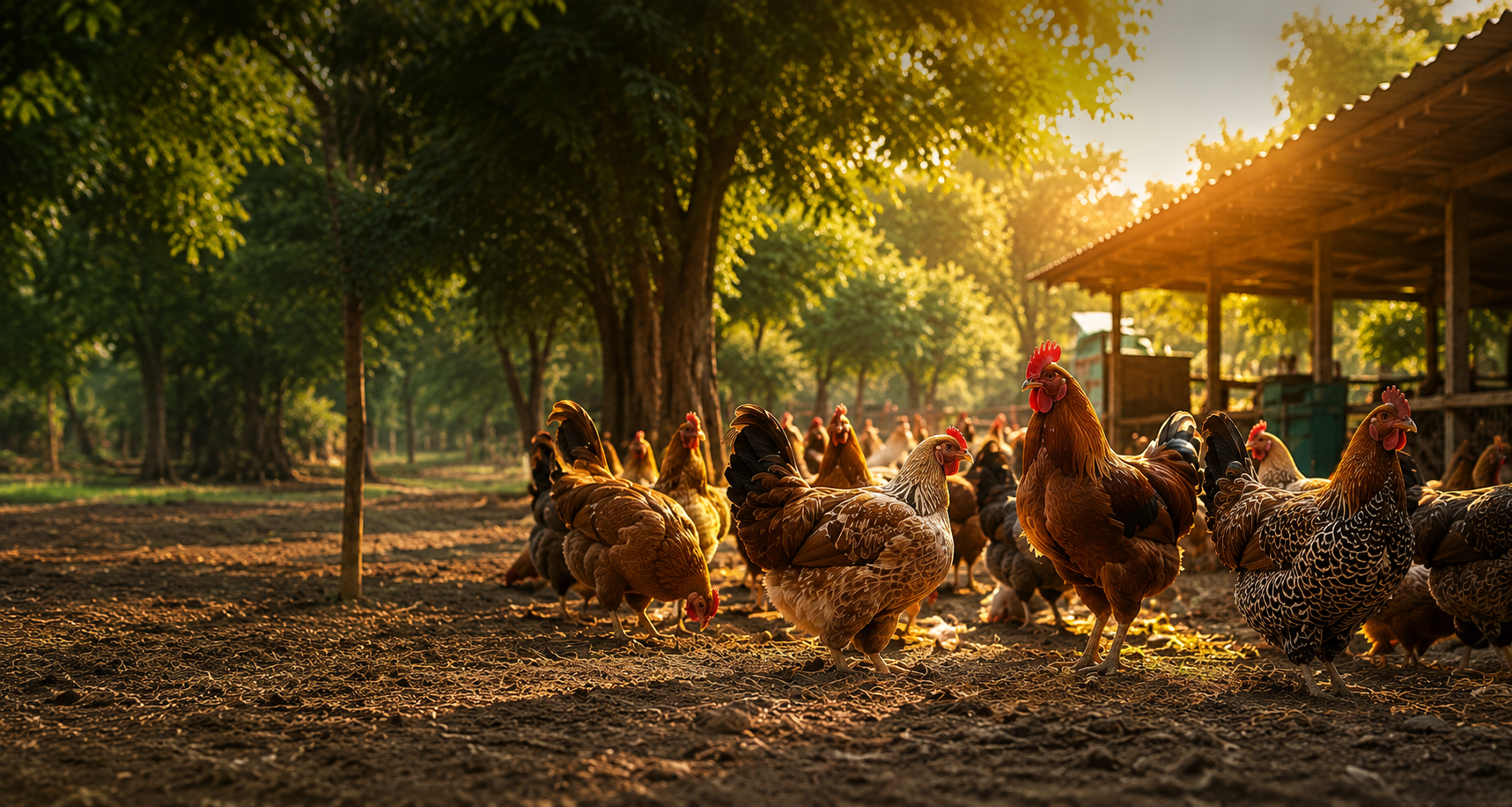 Gavran hens roaming freely under trees at DWIT Farm at golden hour