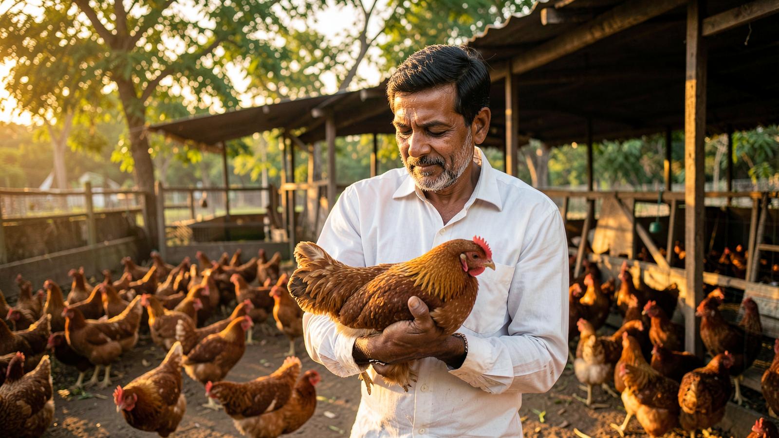 Farmer holding a healthy Gavran hen beside an open poultry shed at DWIT Farm